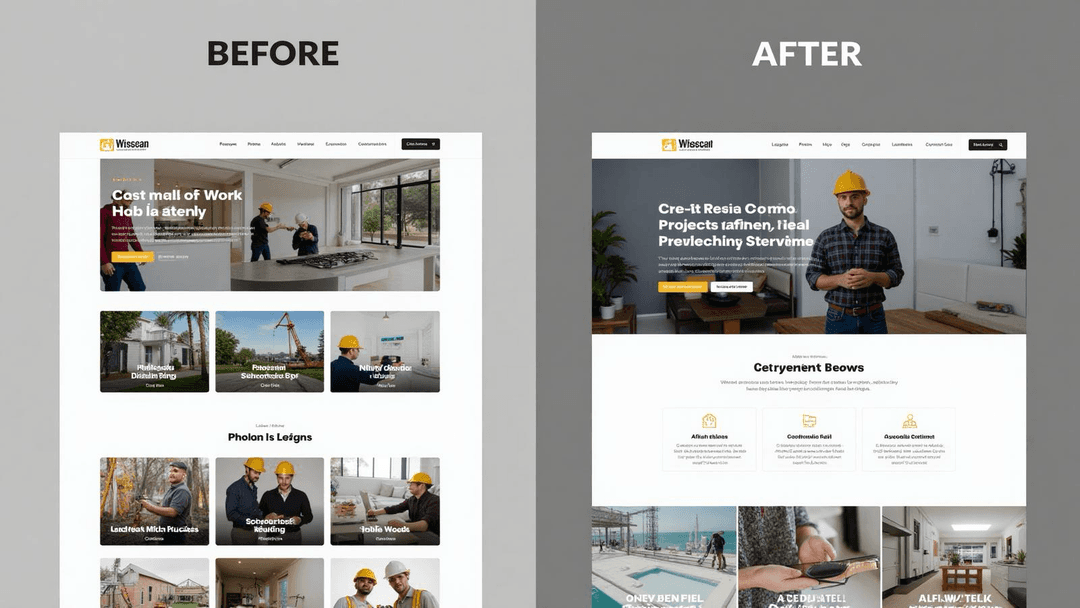 Before and after website comparison showing transformation from basic to professional contractor website